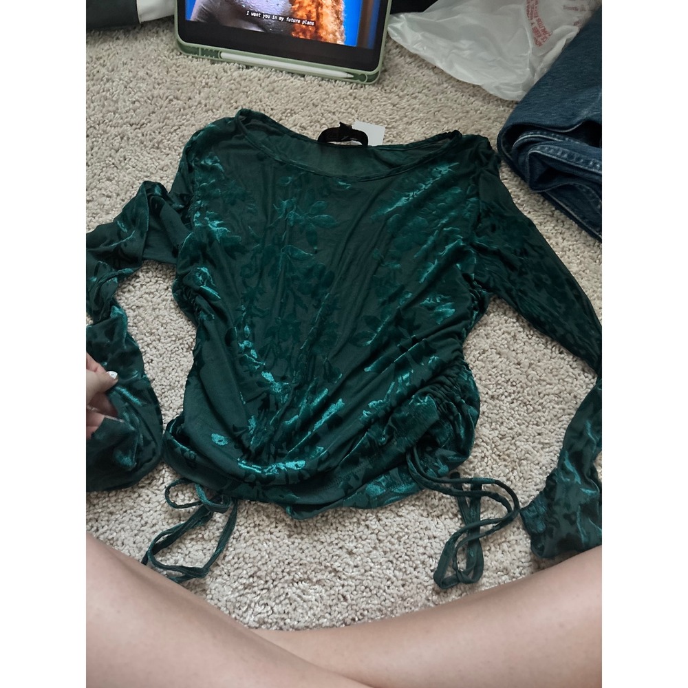 Velvet Burnout Ruched Top Emerald Green Floral Sheer Mesh Shyanne XS Holiday